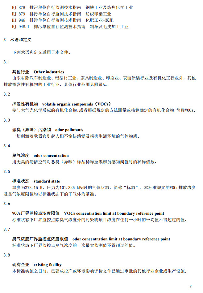山東省揮發性有機廢氣排放標準