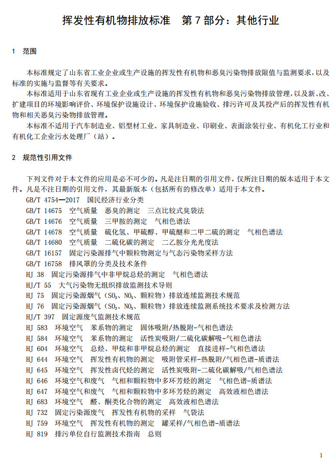 山東省揮發性有機廢氣排放標準