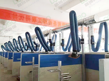 車間整體除塵設計管道連接濾筒除塵器，集中式除塵的效果看得見。